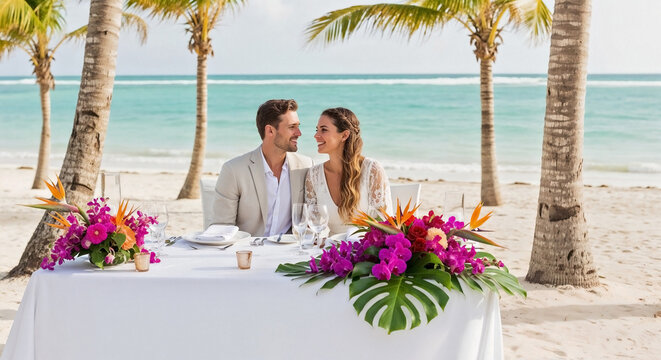 Joyful couple at a beach reception table, sharing romantic seaside celebration with elegant floral arrangements. Engaged couple at a beach reception table enjoys luxurious outdoor dining experience.