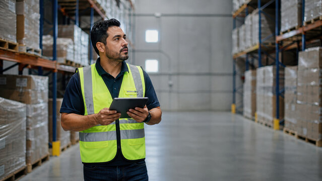 Warehouse worker using tablet while checking inventory in distribution center