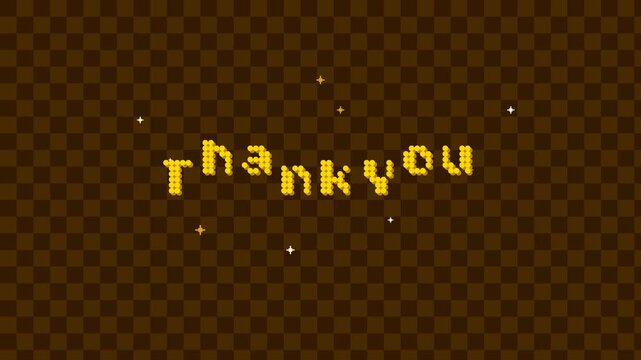 Pixelated Thank You Message with Animated Stars and Glitter Sparkles Against a Checkerboard Background