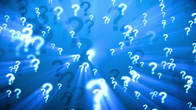 Close-up of glowing question marks on digital blue background with futuristic style