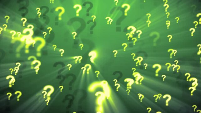 Abstract digital background with glowing question marks and vibrant green hues