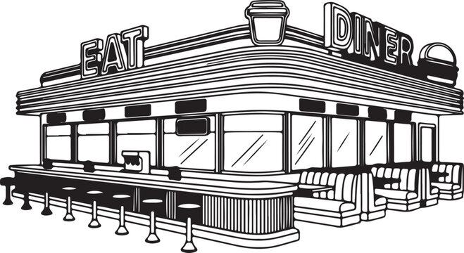 Retro american classic diner exterior illustration with booths and counter seats for restaurant theme.