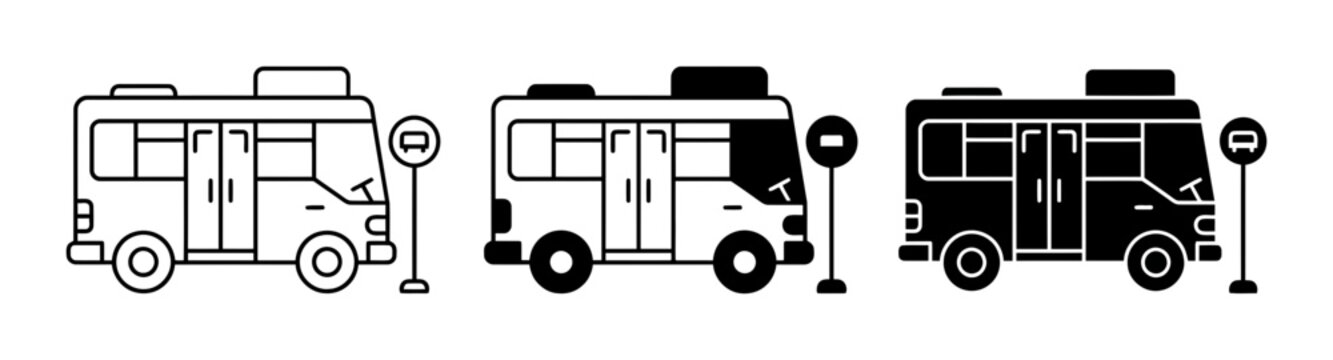 3 Bus silhouette icons set, solid black style, public transportation travel service