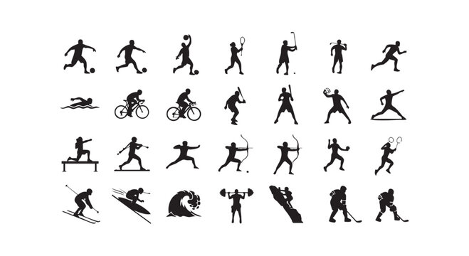 Large collection of black silhouettes of various sports including football cycling archery skiing and more on white background.