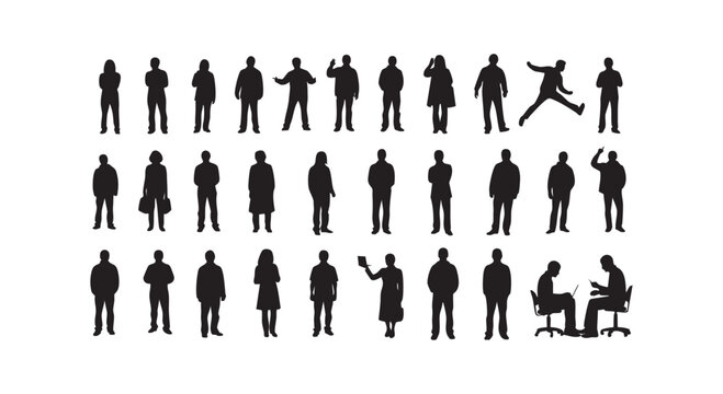 Large collection of diverse people silhouettes in various poses and actions, some standing, some working.