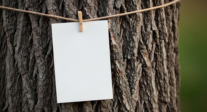 Blank white paper card pinned with a wooden clothespin on a jute rope against a textured tree trunk bark