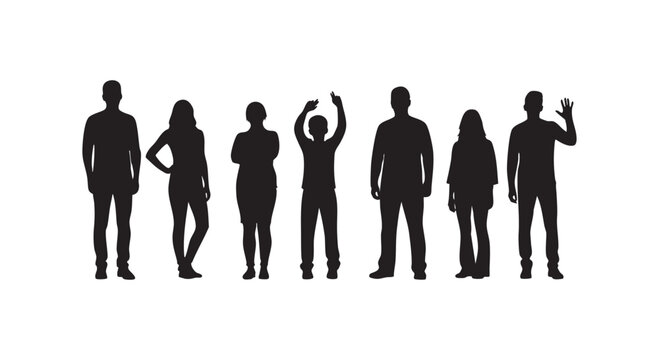 People silhouettes, collection of black figures representing a diverse group of individuals in various poses and actions.