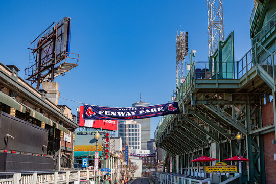 Boston, MA, US-April 8, 2026: The Kenmore Square neighborhood is home to the famous Fenway Park baseball stadium.