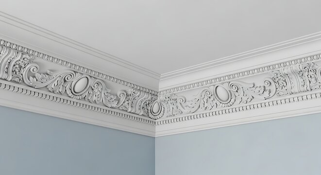 Intricate white ornate plaster molding adorns a ceiling and light blue wall corner