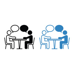 Fototapeta premium Two people sitting at table talking with speech bubbles, business meeting communication icons, black and blue colors.