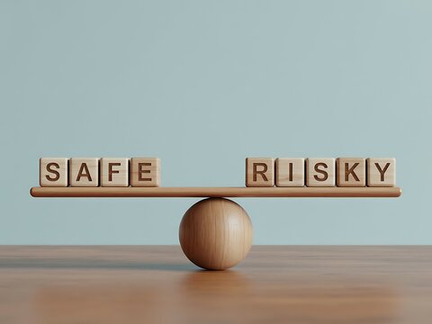 Wooden seesaw balancing safe and risky on blocks