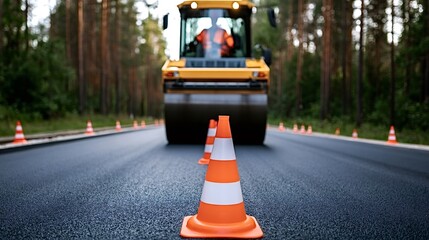 Fototapeta premium Orange traffic cones lining a newly paved road as a working road roller, driven by a construction worker, compacts the fresh asphalt surface within a natural forest setting
