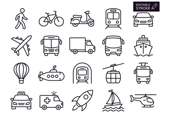 CollectionOf19BlackAndWhiteLineIconsDepictingVariousTransportationAndTravelModesInMinimalistArtisticStylePerfectForInfographicsMarketingMaterials