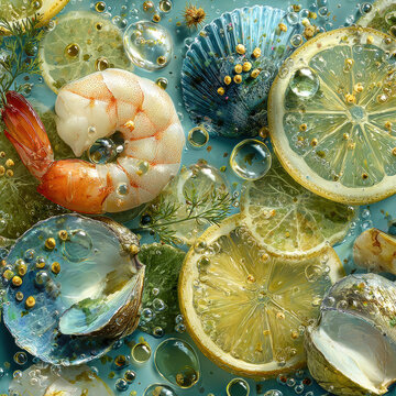 Surreal Seafood Pattern Shrimp, shells, lemon, melted butter droplets, water splashes, glowing textures ocean food madness.
