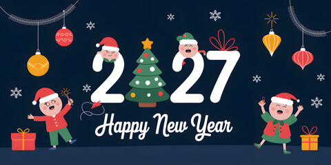 Fototapeta premium Children celebrating with Christmas tree and gifts against a dark blue background