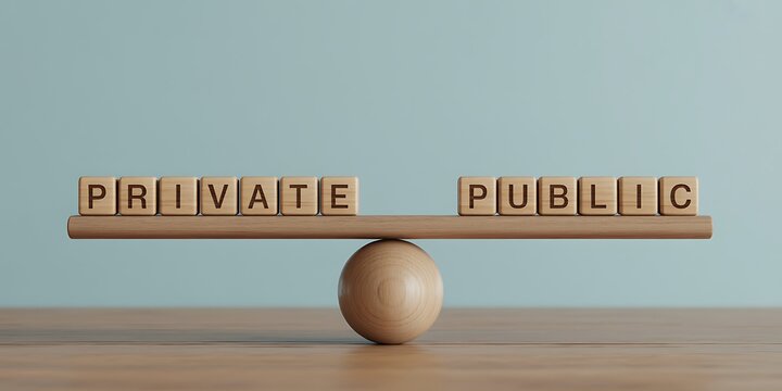 Depicting the essential balance between private and public life using wooden blocks on a scale