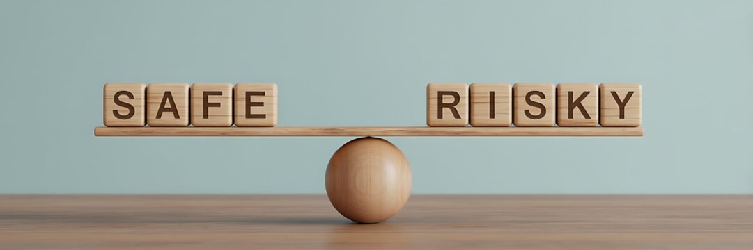Wooden balance scale with safe and risky blocks on either side