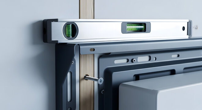 Wall mounting a flat screen TV using a spirit level for perfect alignment | Handyman home improvement project for professional installation | Close up of bubble level tool and metal bracket