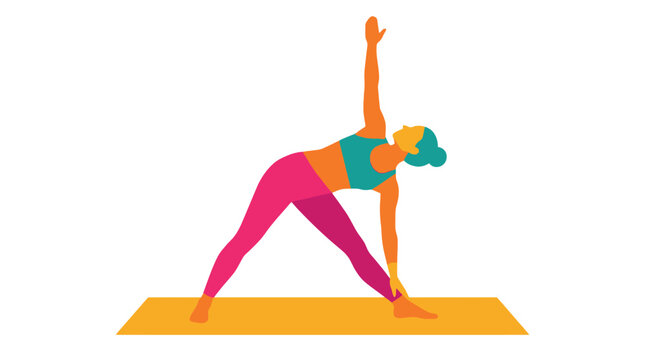 Illustration of a woman in a vibrant yoga pose on a mat with a plain white background, conveying a sense of balance and flexibility.