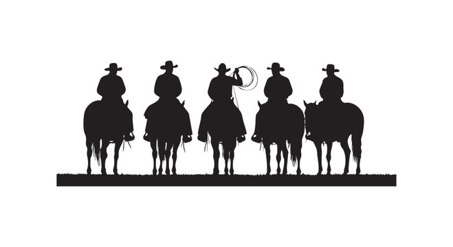Set of five cowboys sitting on horses holding lasso rope isolated on white background black silhouette vector graphic.