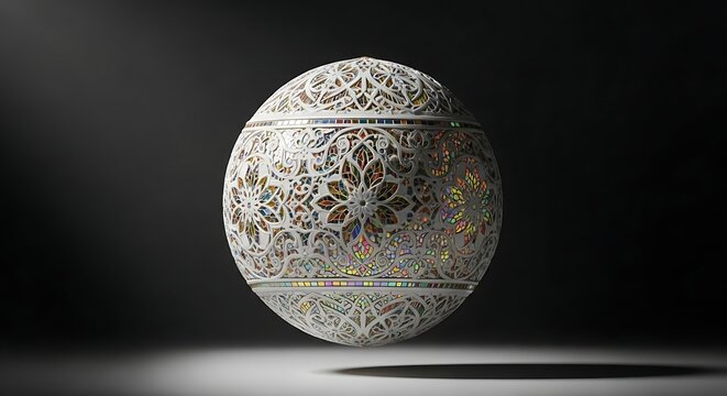 Intricately patterned orb with stained-glass-like inserts, floating in dramatic lighting