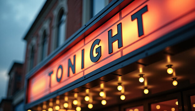 Theater marquee with "TONIGHT" sign glowing in the evening sky
