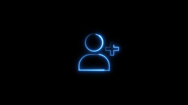 Glowing profile add user icon animation on black background. Loo Neon Lines abstract contact with add friend icon animation plus sign add member head face people man profile animated