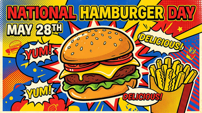 Fun cartoon style hamburger and fries graphic for national hamburger day