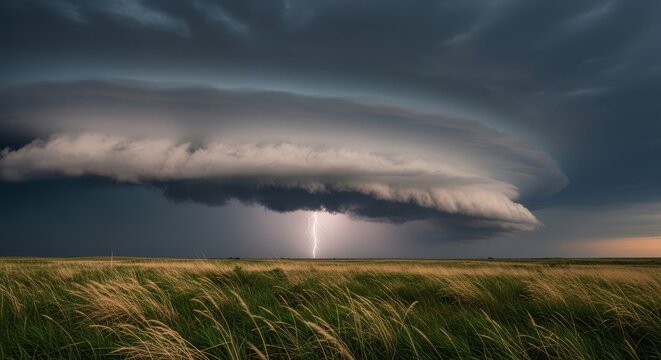 Dramatic lightning strikes through vast, heavy storm clouds over a grassy field