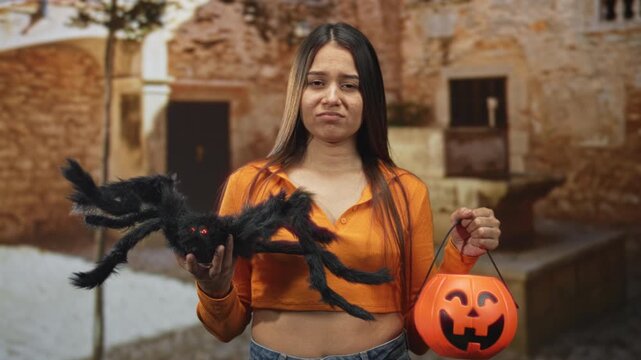 Woman brunette young holding plastic jack o lantern pumpkin bucket and large black fuzzy spider toy with bare hand in a building courtyard wearing orange top and jeans; annoyance halloween.