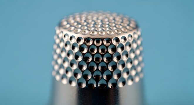A detailed macro photograph captures the textured surface of a shiny metal sewing thimble