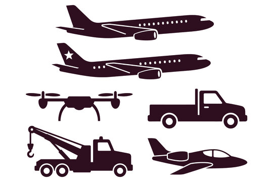 Set of six monochromatic transportation icons featuring commercial airplane twin-engine jetliner drone truck towtruck smallplane minimalist lineart design perfect for aviation logistics branding