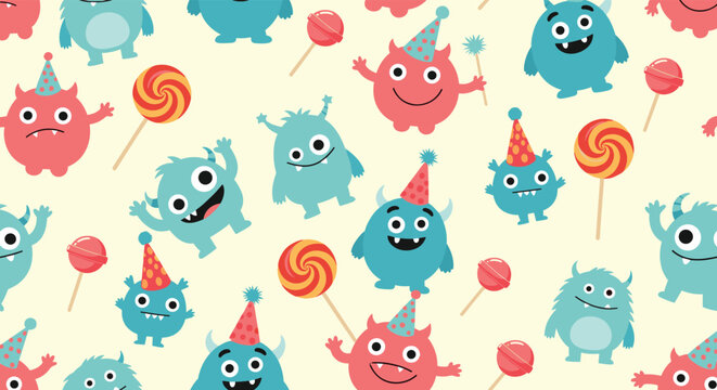 Seamless party pattern featuring friendly colorful monsters wearing polka dot party hats and holding large swirled lollipops on yellow.