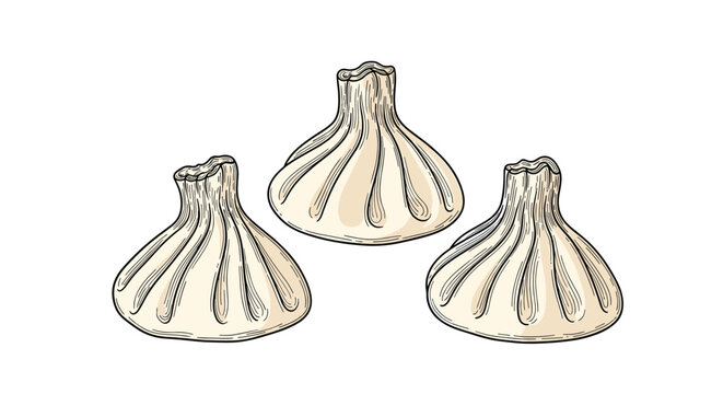 Detailed sketch illustration of three traditional Georgian khinkali dumplings with pleated dough on a plain white background.