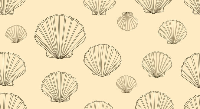 Seamless nautical pattern depicting a variety of detailed scallop seashells in a classic brown and beige vintage sketch style.