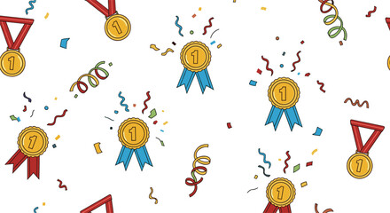 Fototapeta premium Celebratory seamless pattern of first place gold medals and colorful confetti for success and victory themes.