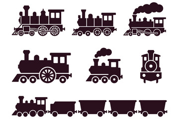 Vintage steam locomotive icons collection featuring nine classic black-and-white train illustrations with dynamic steam effects for branding design © Vector Classic 