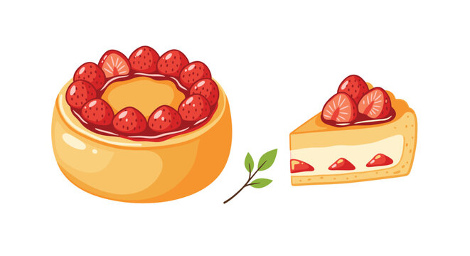 Tempting whole strawberry tart with glaze alongside a single slice of creamy strawberry cheesecake for bakery menu.