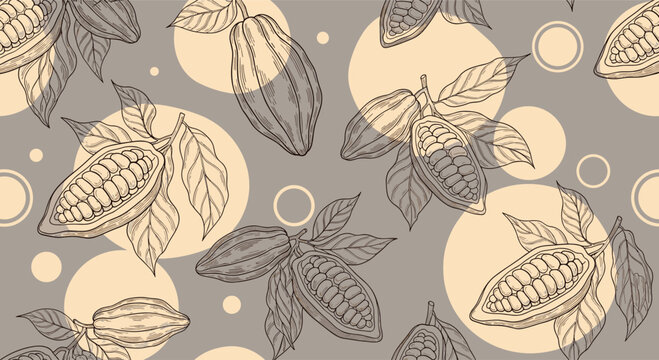 Vintage style seamless pattern features cocoa pods and leaves with abstract beige circles on a sophisticated taupe background.