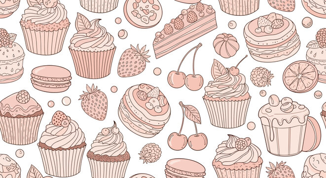 Delightful seamless pattern features various sweets including cupcakes macarons and berries in soft pink and beige tones.