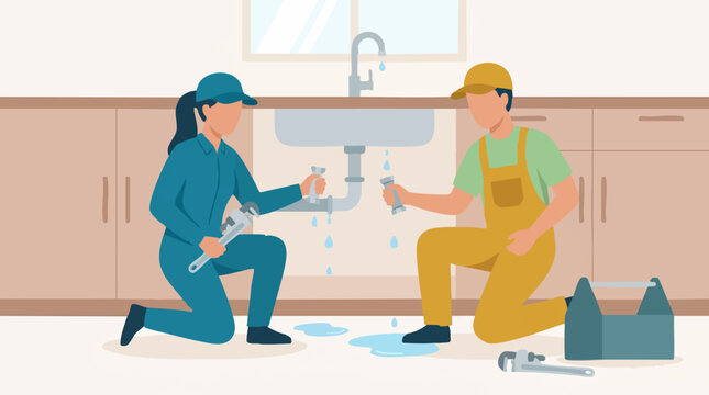 Professional plumbers repairing a broken pipe under a kitchen sink
