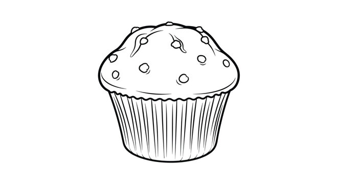 Detailed black and white line art illustration of a delicious blueberry muffin isolated on a plain white background.