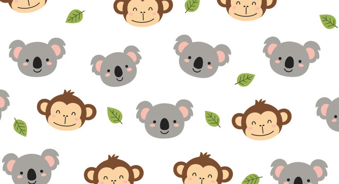 Sweet seamless pattern of cute koala and monkey faces with small green leaves on a white background perfect for children nursery decor.