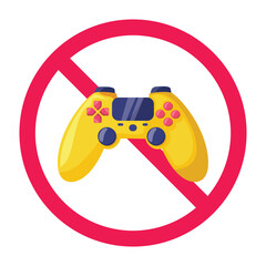 No video game sign, no gaming sign, do not play games symbol, forbidden sign with video game controller icon © logomimi