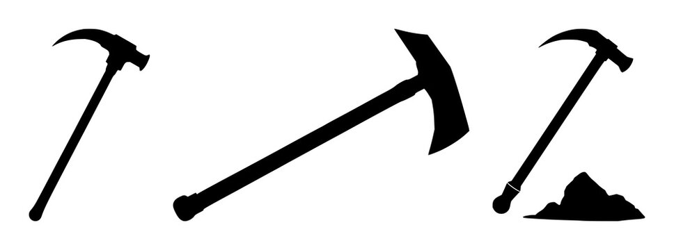Data mining pickaxe icon set with solid black silhouette on white background featuring binary code, data analytics, technology with mining and tools