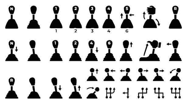 Car Gear Shift Lever Icon Set with Manual Transmission Shifter Silhouettes in Minimal Automotive Vector Style