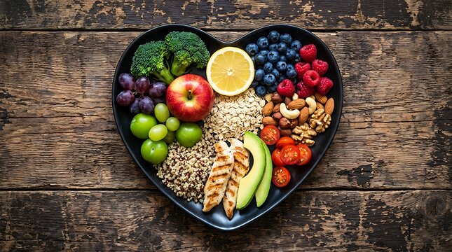 Heart shaped plate with diverse healthy foods fruits vegetables grains and protein for wellness