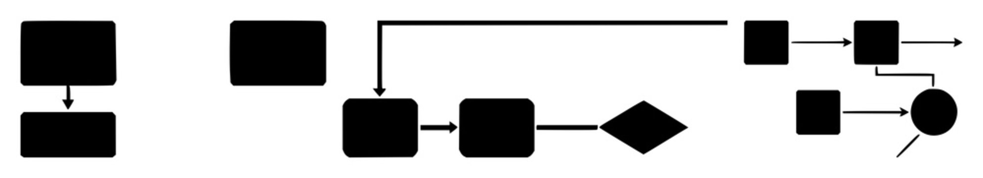 Algorithmic flow chart symbol set with solid black icon on white background featuring line art, minimal, vector with digital and geometric