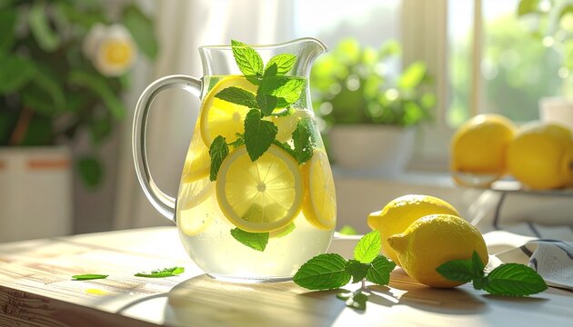 Refreshing Lemonade Pitcher with Mint and Lemons on a Sunny Table.