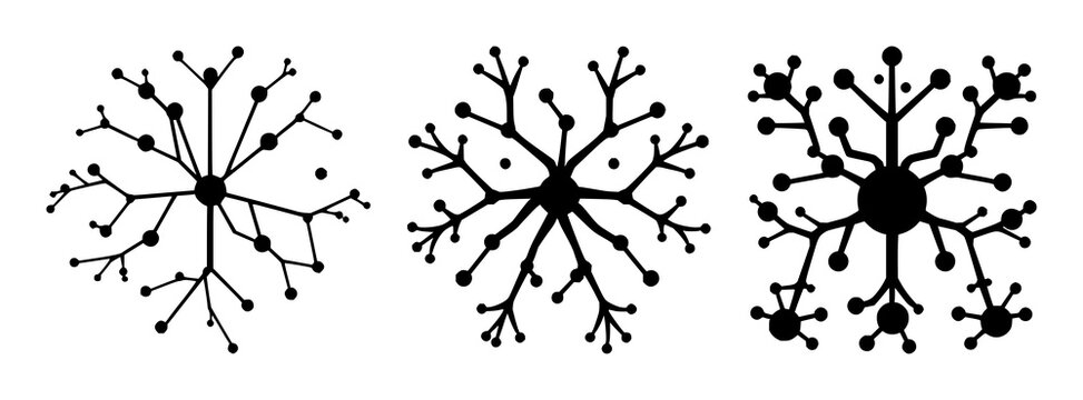 Neural network set with branching nodes displayed as solid black icons on white background featuring data visualization, computer science, tech illustration with vector graphics and line art